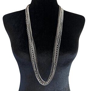 Multi Strand Chain Necklace Long Length Black Gray Silver Tone Adjustable Length